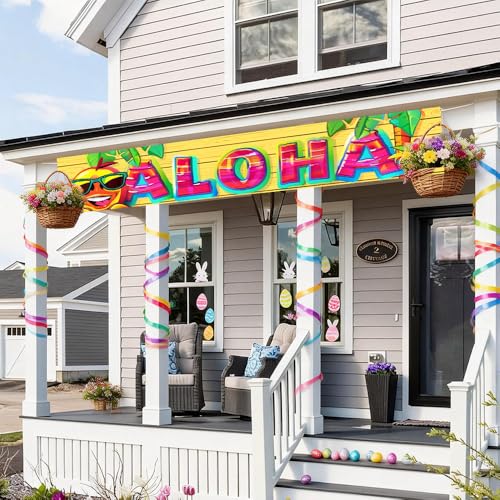 Image of Aloha Tropical Party Banner 78.7 x 17.7 Inch Colorful Letters with Pineapple Palm and Sunglasses Design Summer Luau Decoration for Yard Garden Wall or Indoor Celebration Display