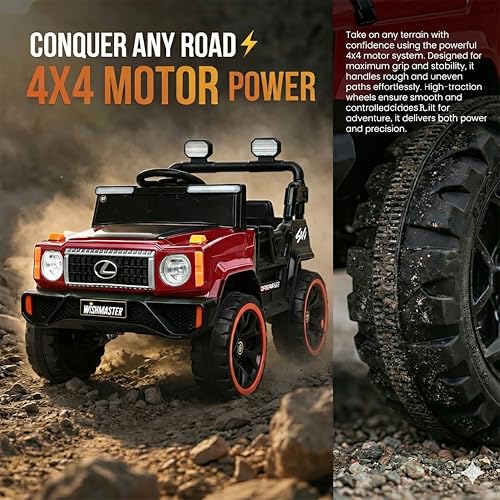 Image of Wishmaster 4x4 Kids Electric Ride On Jeep with Remote Control | Battery Operated Car for Kids 2-6 Years | RGB LED Lights, Bluetooth Music | Birthday Gift | 1-Year Warranty On Motors & Motherboard