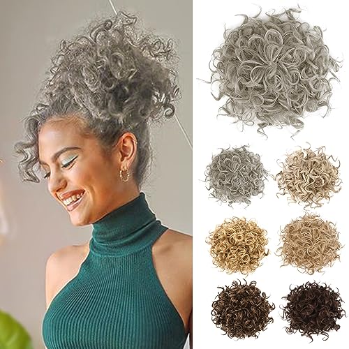 REECHO Messy Bun Hair Piece, Elastic Drawstring Hair Bun Extensions Large Curly Wave Fake Bun Top Knot Updo Hairpiece for Women - Gray with Brown Mixed