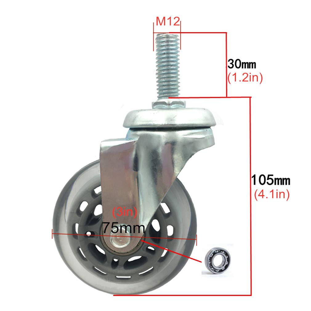 Ruote piroettanti per mobili, Ruote piroettanti in Poliuretano Resistenti, Diametro 75 mm (3 Pollici), Stelo filettato, Altezza 30 mm, Portata 135 kg, Confezione da 4 Pezzi, Diverse Misure (