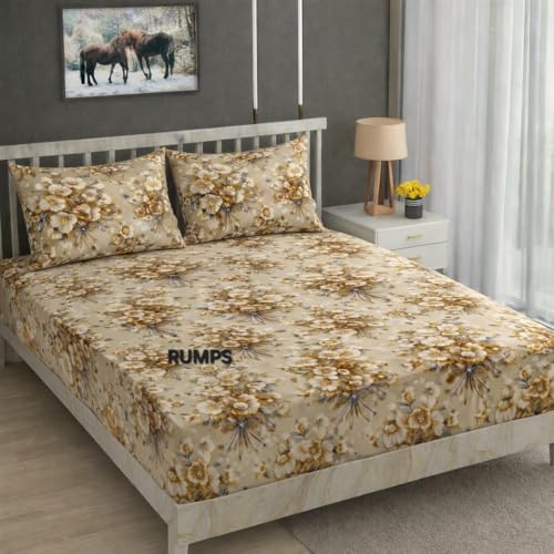 Image of RUMPS 380 TC Premium Heavy Cotton 7D Print Fast Colour Feel Elastic Fitted Floral Bedsheet King Size with 2 Pillow Covers || (Gold, Fitted - Double-72 x72)