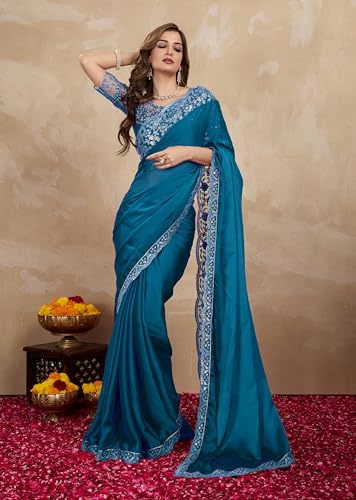 Image of TRENDMALLS Women's Designer Rangoli Silk Embroidered Saree with Floral Cutwork Border, Sequin Work and Unstitched Blouse Piece For Women