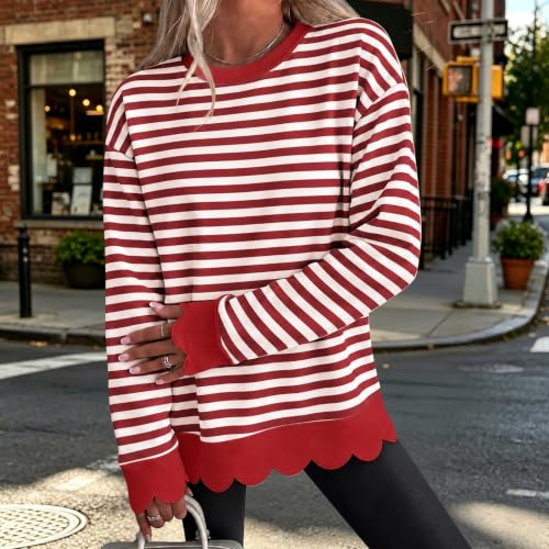 Womens Scalloped Crewneck Sweatshirt Striped Long Sleeve Tops 2026 Red - image 4