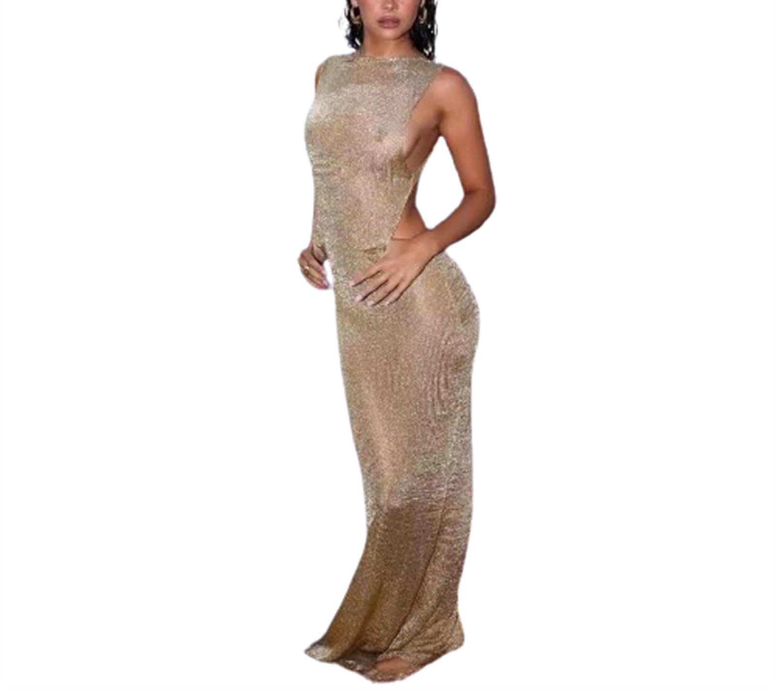 QNI Crochet Dress Sexy Maxi Dresses Sheer Casual Sundress Backless Beach Summer Bodycon Sleeveless Sweater Dress (Khaki,Medium)