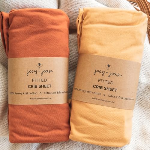 Image of Joey + Joan Fitted Crib Sheets 28 x 52 – Compatible with Standard Crib Mattress and Toddler Bed – 100% Jersey Cotton – Mustard Yellow + Burnt Orange – 2 Pack