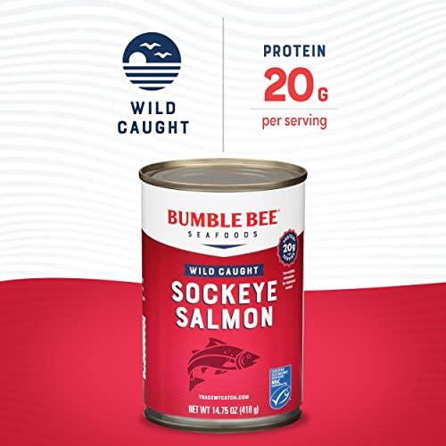 Image of Bumble Bee Red Sockeye Salmon with Skin & Bones, 14.75 oz (Pack of 12) | Wild Caught, 20g Protein per Serving, Omega-3 Rich, Gluten Free, Keto Friendly