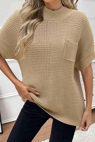 Image of Women 2026 Sweater Vest Mock Neck Batwing Short Sleeve Oversized Ribbed Knit Tops Fall Pullover Sweater S-XXL