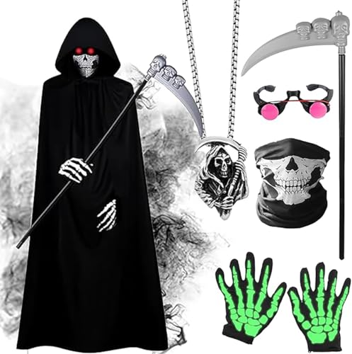 Celvibe Sensenmann Disfraz para hombre, disfraz de Halloween, capa negra, juego con máscara de calavera, guantes de esqueleto, capa de Halloween con capucha, para adultos, para fiestas de Halloween