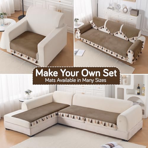 Image of HOKIPO Sofa Cover Mat with Tassel for 1 /2 /3 Seater & L Shape Sofa | DIY Sofa Cover Set | Dyed Holland Velvet | 'TasselTone Series' 70(W) x 170(L) cm |Warm Taupe (IN-1108-BRN)