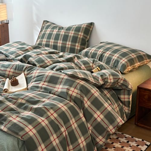 Image of EAVD Vintage Style Green Plaid Duvet Cover Full Soft 100% Washed Cotton Red Green Grid Checkered Bedding Set with 2 Pillowcases Retro Farmhouse Geometric Grid Duvet Cover with Zipper Closure