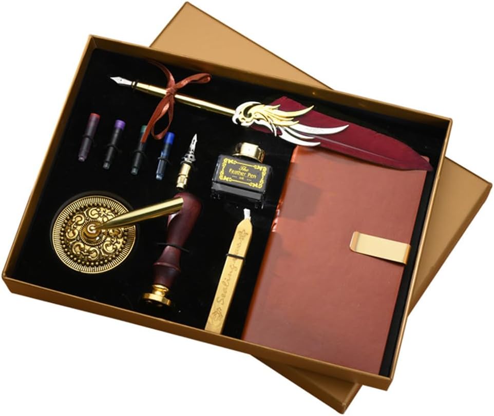 Quill and Ink Set Retro Feather Ink Pen Set Vintage Calligraphy Signature Writing with PU Leather Notebook and 2 Nibs and Wax Seal in Gift Box for