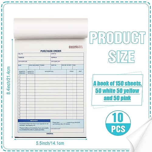 Lincia 10 Pack Purchase Order Book 3 Part Carbonless Purchase Order Forms for Small Business with Carbon Copies Cover, 50 Sets Per Book, 8.4 x 5.5 Inch by Lincia - Image 2