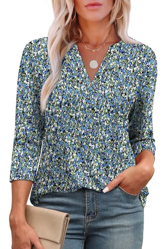 OFEEFAN 3/4 Length Sleeve Womens Tops V Neck Tunic Shirts Loose Curved Hem Blouses Dressy Casual S-3XL