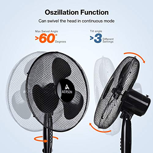 Foto von TRESKO AERSON Standventilator 40cm | Ventilator höhenverstellbar bis 120cm | hoher Luftdurchsatz und sehr leise | Windmaschine mit 3 Geschwindigkeitsstufen | Oszillationsfunktion ca. 80° (Schwarz)