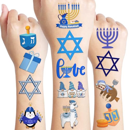 96 PCS Happy Hanukkah Pre-cut Temporary Tattoos Sticker Birthday Light Chanukah Party Decorations Supplies Favors Boys Girls Menorah Star David Dreidel Cute Fake Tattoo Reward Themed Christmas Holiday