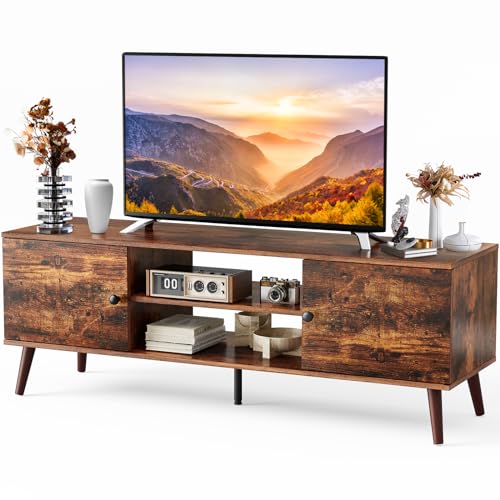 Sweetcrispy TV Stand for 55 60 inch TV, Modern Mid Century Entertainment Center with Storage Cabinet, Media Console Table for Living Room, Soft Hinge, Handle Door, Wooden Office Furniture, Brown