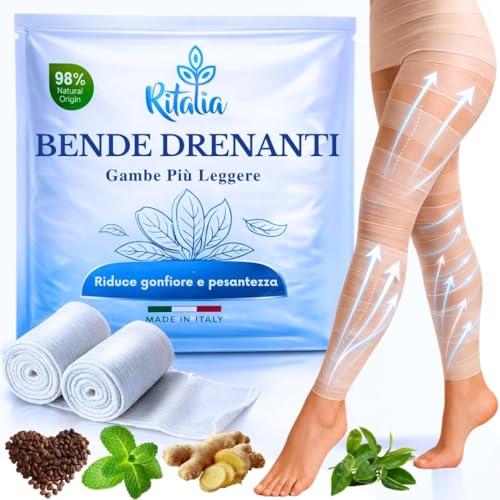 BENDAGGI DRENANTI GAMBE Effetto Freddo Professionale Ritalia® Bende Anticellulite e Tonificanti per Trattamento Drenante Corpo contro Cellulite e Ritenzione, Azione Defaticante Gambe Pesanti