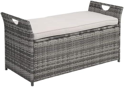 Generic 34 Gallon Outdoor Wicker Rattan Storage Bench Deck Box with High Density Foam Seat Cushion for 2 Persons Seating, Patio Garden Yard Poolside Porch Furniture (Grey), SLY16976080SLY57830251