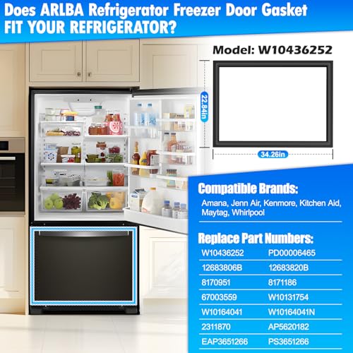 Image of Upgraded 34.2 inchx 22.8 inch W10436252 Refrigerator Freezer Door Gasket Compatible with Whirlpool,Kenmore, Kitchen-Aid and Maytag Freezer Door Seal Refrigerator Gasket W10131754 W10164041 W10164041N Black