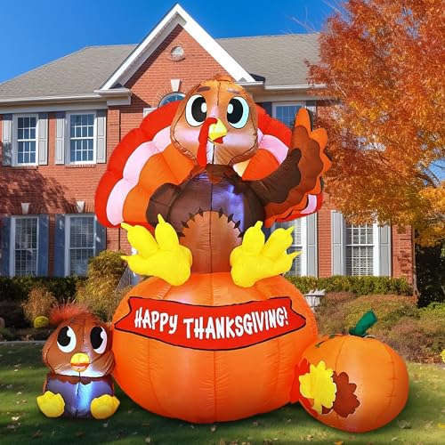 Joiedomi 6 ft Thanksgiving Inflatable Turkey on Pumpkin & Little Turkey, LED Light Up Blow Up Turkey for Autumn Thanksgiving Family Party Décor, Halloween Inflatable Turkey for Yard Garden Decoration -  Joyin Inc, WR-MA1A-3ZGG