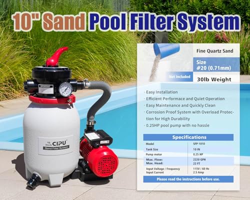 Image of CIPU 10-inch Sand Filter Pump System Handy 4-Way Valve for Above Ground Pools with 0.25HP Pool Pump 115V 6-Foot Cord to Easy Installation