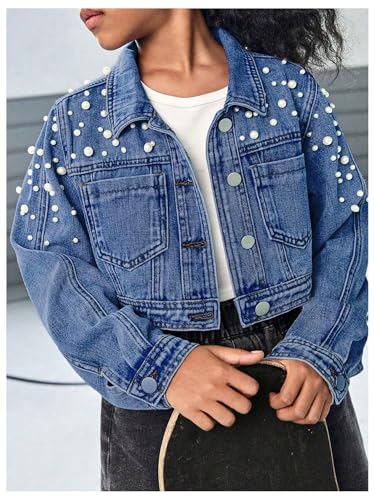 Image of WDIRARA Girl's Beaded Denim Jacket Button Down Collared Long Sleeve Jeans Jackets Y2K Outerwear