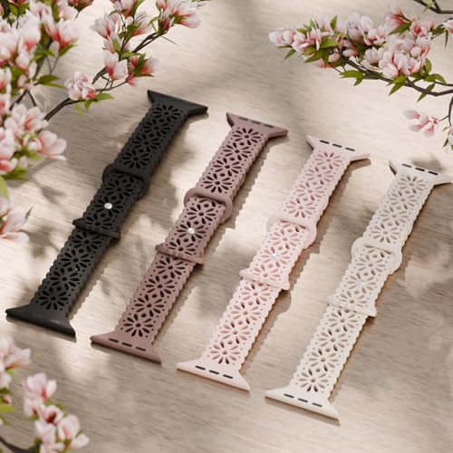 Image of 4 Pack Slim Lace Silicone Bands Compatible for Apple Watch 38mm 40mm 41mm 42mm 44mm 45mm 46mm 49mm, Thin Hollow-out Floral Breathable Strap for iWatch Series 11 /10 /9 /8 /7 /6 /5 /4 /3 /2 /1Ultra SE Women Men