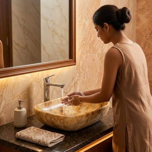 Image of Ceramic Tabletop Wash Basin - Glossy Rectangular Countertop Vessel Sink with Marble Finish for Bathroom & Vanity | Compact 18 x 13 x 5 Inch | Elegant Washbasin
