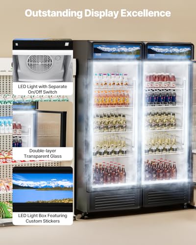 Image of VEVOR Commercial Merchandiser Refrigerator, 13.3 CU.FT Glass Door Display Refrigerator, Beverage Cooler Merchandiser with Adjustable Shelves, Soft LED Light, Customizable Lightbox, Black