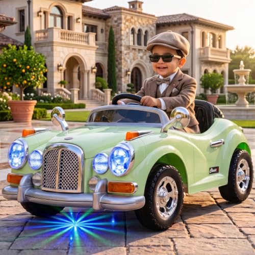 Image of Toyzone Vintage Electric Car (Green) | 12V Rechargeable Car for Kids with 8Ah Battery | LED Lights, Music, MP3 /USB /BT | Smooth Acceleration | 6M Battery Warranty | Age 2-9 Years, Upto 35 kg
