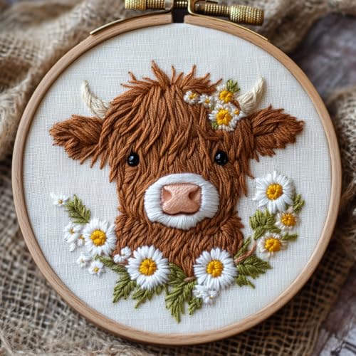 DIY Punch Needle Kits for Beginners Cute Highland Cow and Daisy Flowers with Hoop Embroidery Punch Needle Starter Set Easy for Adults and Kids Festival Gift and Decor 20x20cm-1
