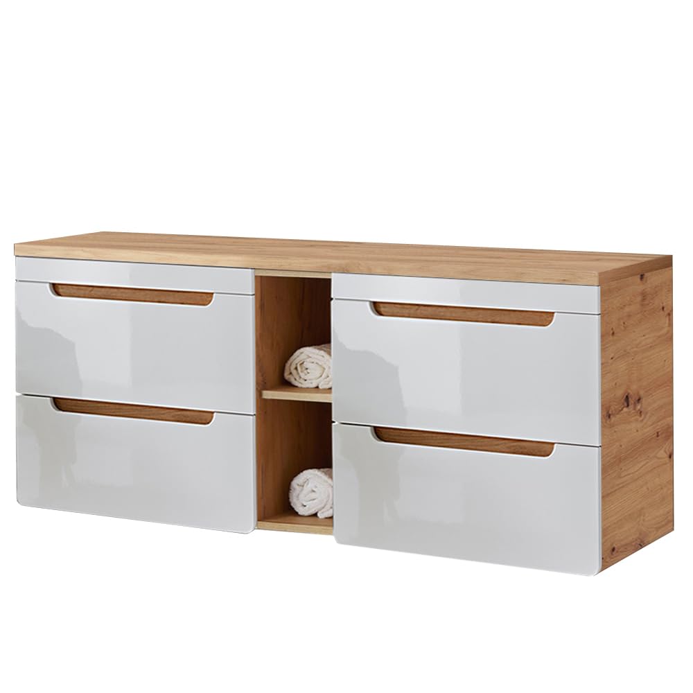 Lomadox Badmöbel Waschtisch-Unterschrank Set, Hochglanz weiß, Wotan Eiche Nb., 4 Softclose-Auszüge, 1 Regal, B/H/T ca. 141/61,5/46 cm