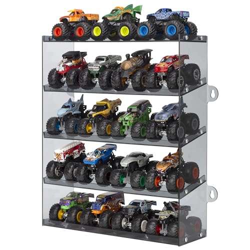 Image of Assembly Monster Trucks Display Case Holding for 20 Monster Trucks Acrylic Storage Case 5 Tiers Monster Trucks Organizer with Tilted Design, Display Case for Toy Trucks (Gray)
