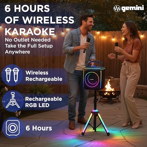 Gemini Wireless Karaoke Speaker with 2 Microphones & RGB LED Tripod Stand — 120W Portable Party Speaker, Bluetooth, 6 Hour Battery, Karaoke Machine for Adults, Indoor Outdoor Events (GPK-200PK) - Thumbnail 5