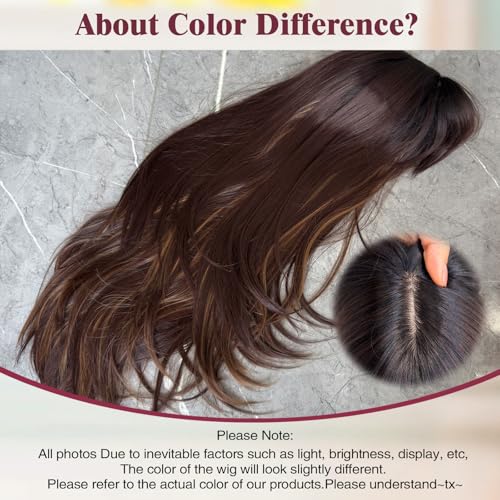 FLORVAE Long Brown Highlight Layered Wig with Bangs for Women,4x4 Realistic Scalp,Free Parting,26 Inch Layered Hairstyle Synthetic Heat Resistant for Daily Party Use — view 6