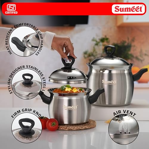 Image of Sumeet ISI Certified Stainless Steel Cook & Serve Pineapple Shape Handi /Cooking Pot with Steel Lid |Induction and Gas Compatible | Set of 2Pc - Capacity - 2000 & 4000ml -Dia - 17 & 20cm, Silver