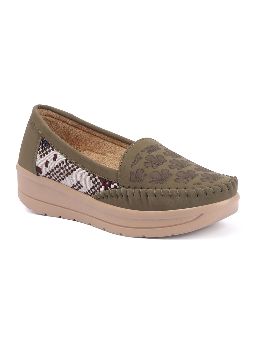 Women’s Beige Printed Wedge Loafers with Cushioned Insole, Slip-On Comfortable Casual and Office Wear Stylish Shoes-picture-28