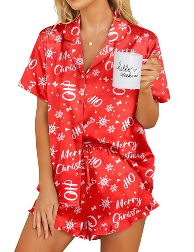Image of Ekouaer Womens Satin Pajamas Set Button Down 2 Piece Silk Pjs Shorts Set Ruffle Lingerie Notch Collar Sleepwear