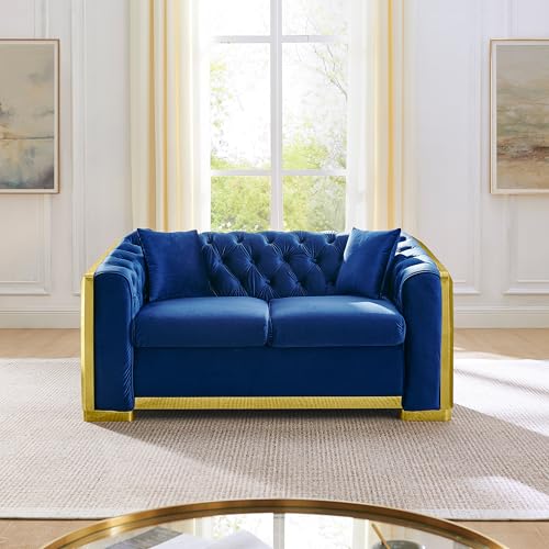 Image of KEIKI 62 inch Luxury Oversized Velvet Chesterfield Sofa with 2 Pillow & Gold Stainless Decoration, Italian Modern Style 2-Seater Button Tufted Couch with Rolled Arms, Easy Assembly, for Living Room, Navy