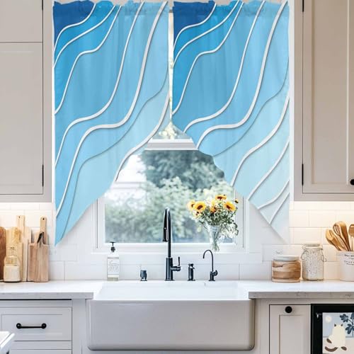 Swag Valance Curtain Tier Pair, Blue Gradient Stripe Abstract Geometric Rod Pocket Kitchen Valances for Small Window, Water Ripple Ocean Ombre Short Swag Topper for Bedroom Living Room 28x36in