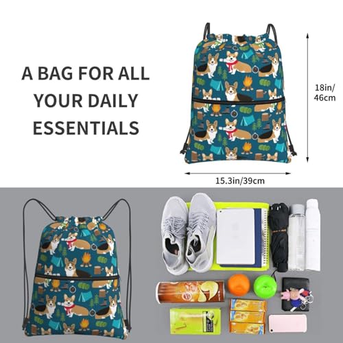 Corgi Print Drawstring Backpacks With Zipper Pockets Cinch Sack Pack Sports Travel Gym Bags4