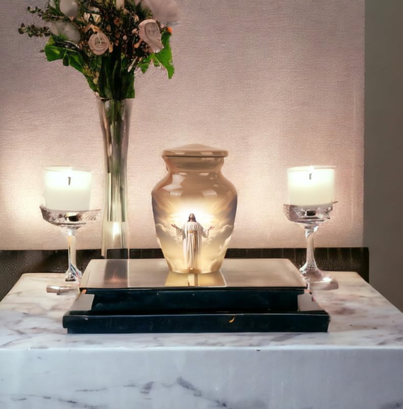 Jesus Christ in Front of the Holy Cross in Sky - Cremation Urns Small - Unique Urn - 3 Inch - Pack of 4 - Miniature Memorial Ash Urn - Tiny Remembrance Container - Adult Urns for Human Ashes Men