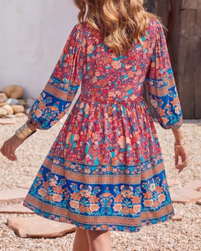 Image of BTFBM Women Casual Spring Summer Dresses V Neck 3 /4 Long Sleeve Ruffle Floral Flowy Boho Babydoll Mini Short Beach Dress