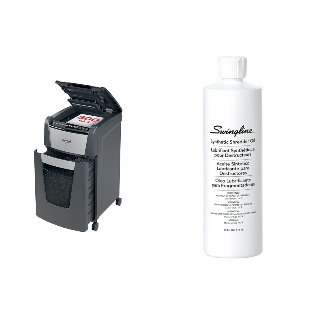 Rexel 2020300XEU - Destructora Automática Optimum 300X, Corte Partículas P-4, 300 Hojas, Papelera 60L, Tarjetas de Crédito, Grapas y Clips, + Lubricante para el Mantenimiento de destructora, 473 ml