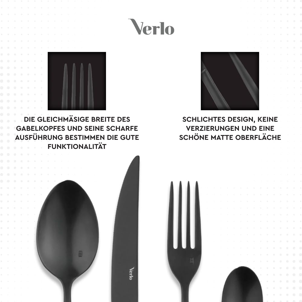 Verlo Zestaw sztućców SU Black 24-częściowy zestaw sztućców dla 6 osób, stal nierdzewna 18/10 (18% chrom, 10% nikiel) | matowe wykończenie | właściwości antykorozyjne | odporny na zarysowania