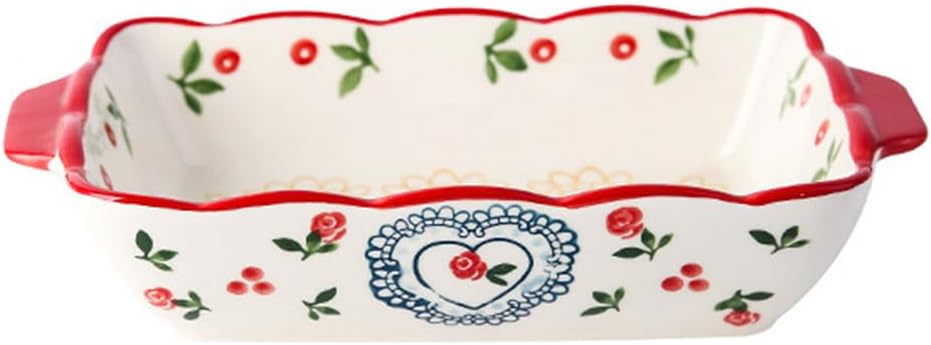 Dxcaicc Lasagne Dish Red Cherry Fruit Unique Flower Design Handmade Decals Double-Ear Handle Design Exquisite Glaze Smooth Cheese Household Baked Tray,Rectangular,Large