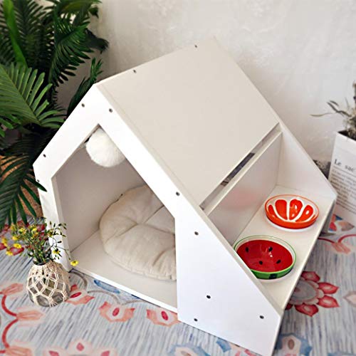 CWYSJ Bois Massif Petit élevage de Chat Maison Dormir, Petite Maison Table à Manger intégré Cat Villa, avec Deux Bols Quatre Saisons Disponibles