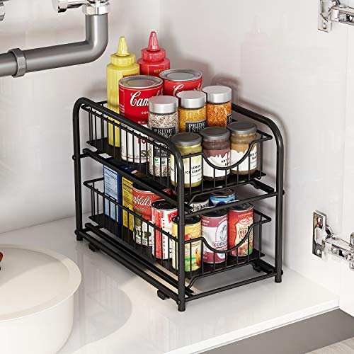 Aiyaka Pull-Out Cabinet Organizer, Stackable 2-Tier Under Sink Rack, With Sliding Storage Drawer For Pantry, And Desktop, For Bathroom, Kitchen, Office, Black #TOP1