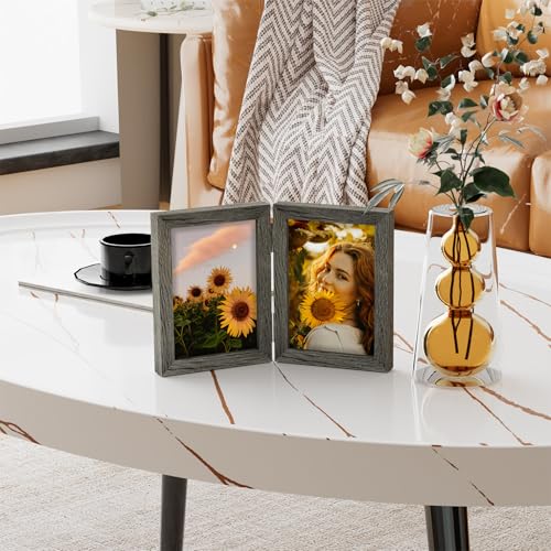 decorUhome Double 5x7 Picture Frame Vertical, Engineered Wood Bifold Photo Frame with Plexiglass for Tabletop Display, 5x7, Grey