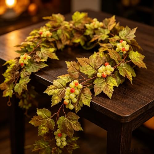2PCS 5.7FT Faux Autumn Halloween Garland with Green Maple Leaf and Berries (Gold) - image 5